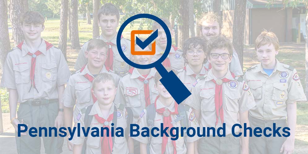 Scouts with a magnifying glass and check mark: Pennsylvania Background Checks.